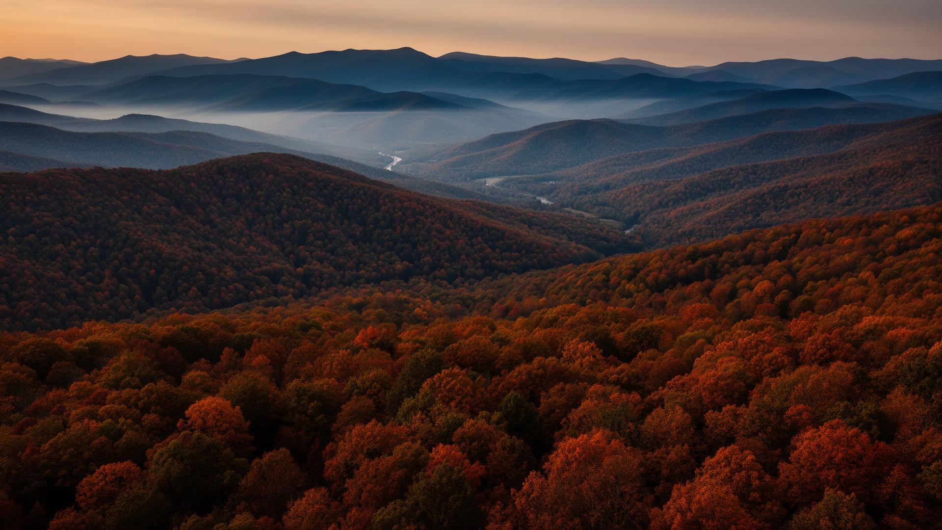Sunrise over the Blue Ridge Mountains in the Shenandoah Valley with autumn foliage